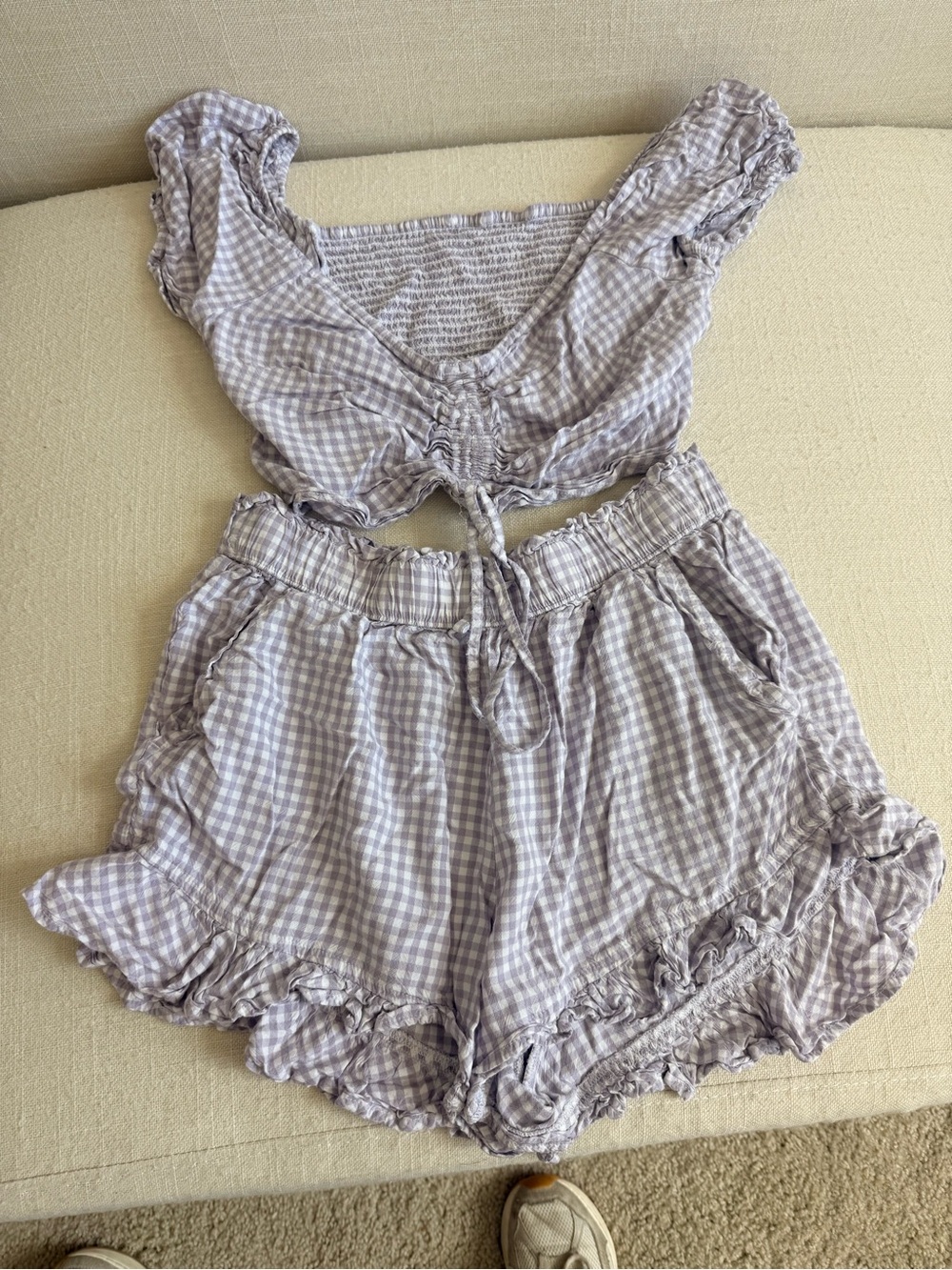 Gingham Ruffle Two-Piece Lounge Set in Light Lavender